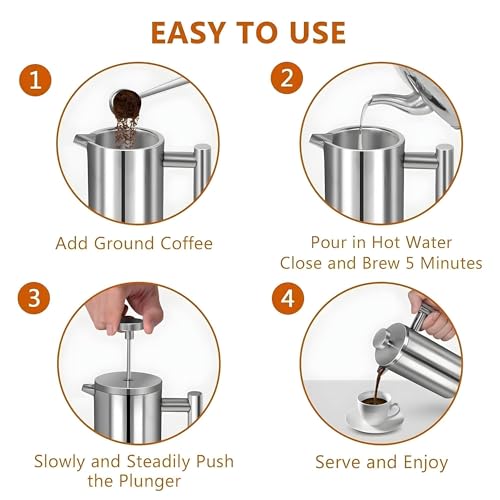 Image of Large French Press Coffee Maker 50oz (1.5L), 304 Stainless Steel Double Wall Insulated Coffee Press for Camping, Backpacking, Party, Travel, Gift Set, Dishwasher Safe (Silver, 6-8 Cups)