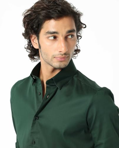 Image of Rare Rabbit Men Regular Fit Solid Beige Satin Long Sleeve Button Shirt