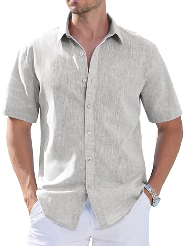 Mens Linen Shirts Short Sleeve Button Down Summer Beach Casual Shirt Regular Fit Untuckit Lightweight Breathable