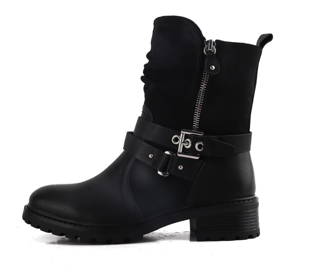 Pogolino Damen Stiefeletten Nieten Biker Boots mit Reißverschluß flach bequem Stiefel 2520