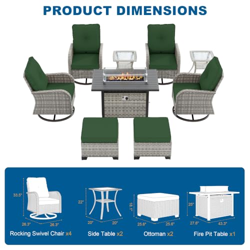 Image of 9-Piece Small Patio Furniture Set, Outdoor Swivel Rocking Chairs Set with 55,000 BTU Fire Pit Table Wicker Chairs and Ottomans, Patio Bistro Set for Balcony, Deck, Porch,Dark Green