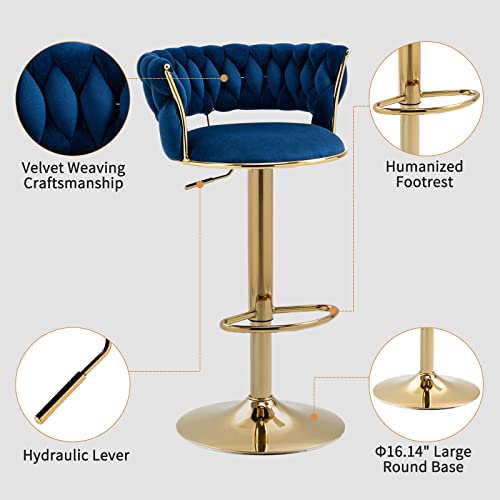 Kivenjaja Velvet Woven Bar Stools Set Of 2, Modern Height Adjustable Swivel Barstools Counter Chairs With Back & Golden Metal Base For Pub, Kitchen, Cafe (Navy Blue) #TOP3