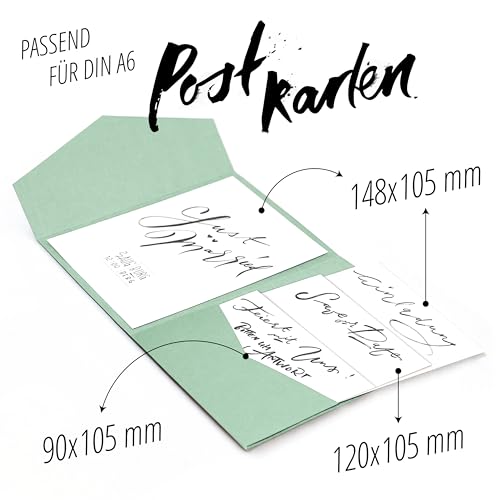 Japun - 50 Pocketfold blanko Kraft-Papier Karten inkl. Briefumschläge (DIN B6), Hochzeit, Einladung - grün