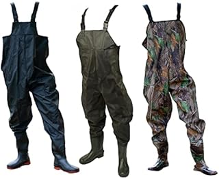 DNA Leisure New Green Camo or Black PVC Flood Fly Carp Coarse Fishing Working Chest Waders with Elastic Quick Release Buckle Straps and Anti-Slip Moulded Boots/Wellies EU 41 42 43 44 45 46 UK 7 8 9 10 11 12