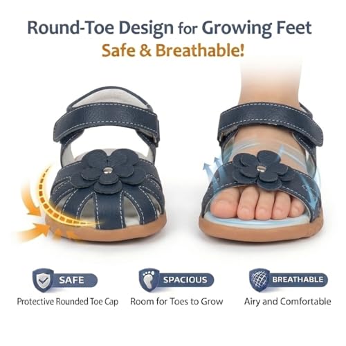 Image of Femizee Toddler Girls Leather Dress Sandals with Adjustable Strap | Toddler /Little Kids, Leather upper, Cushioned footbed, Hook-and-loop, Flexible Sole, Dressy summer occasions, Princess-style