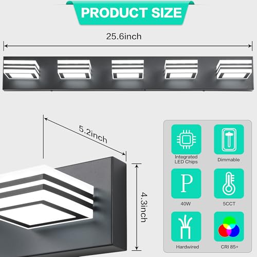 Image of SOLFART LED Bathroom Lighting Fixtures - 5 Lights Modern Matte Black Acrylic Vanity Lights for Mirror 32inch 24W 5CCT