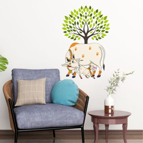 Image of Decal O Decal Green Tree and Kamadhenu Cow Feeding Its Calf Wall Sticker | Sacred Cow with Tree Wall Decor Self Adhesive Wall Sticker