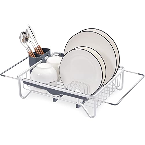 TOOLF Erweiterbares Abtropfgestell, Aluminium über der Spüle, verstellbares Geschirrgestell in der Spüle oder auf der Theke, Abtropfgestell mit Utensilienhalter, rostfrei für die Küche Cover