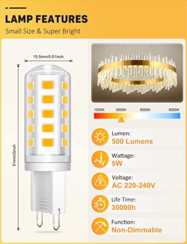QNUJN G9 Led Bulbs Warm White, 5W, 500LM, 3000K, Equivalent to 50W Halogen, Non-Dimmable Energy Saving Light Bulb for Home Lighting Decor, Chandelier, Wall Light, Crystal Lamp-5 Packs