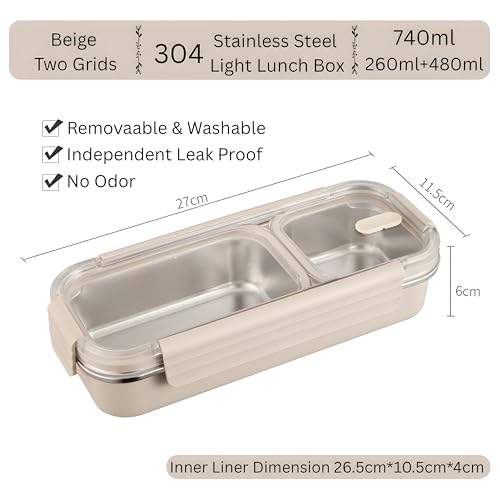 Image of Stainless Steel Lunch Box 2 Compartment 740ml, Leakproof Airtight Bento Box for Office School Kids Adults | 304 Steel Tiffin Box, Microwave Safe Food Container, Durable Lunch Carrier for Men Women