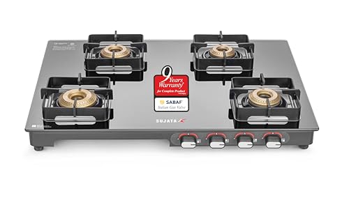 Image of Sujata Regal Manual Gas Stove 4 Burners Glass Top | 9 Years Warranty | Gas Stove with Jumbo Brass Burners | SABAF Technology | ISI Certified | LPG & PNG Compatible | 360 Rotating Brass Nozzle (Black)