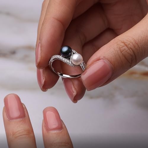 Black and White Pearl Ring for Women 18 White Gold Plated .13 ct. t.w. Simulated Diamond Bypass Ring, AAA Quality Handpicked Two Natural 6mm Pearl, Size 5-93
