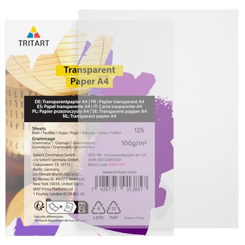 Tritart Transparentpapier Bedruckbar Weiß DIN A4 - Abpauspapier Pergamentpapier zum Bedrucken 125 Blatt 100g/m² - Architektenpapier Transparent Papier Bögen - Tracing Paper