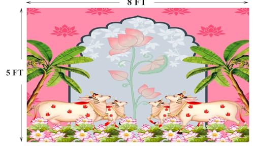 Image of zeonely mart varalakshmi Backdrop Cloth for Decoration Pooja | pichwai Background Cloth Cow Backdrop Cloth Decorations (5X8 FT) Background Decoration Cloths