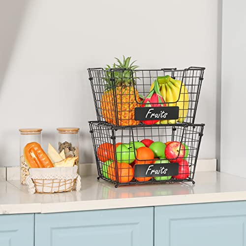 2 Tier Foldable Wire Basket, Xxxl Size 2 Pack Stackable Fruits Vegetables Storage Basket With Name Plate, Metal Mesh Bin Organizer For Kitchen Counter Pantry Cabinet, Can Be Used To Stack Or Alone #TOP2