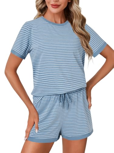 Image of LYANER Pajama Set for Women 2 Piece Lounge Set Striped Crew neck Short Sleeve Tops and Shorts Soft Sleepwear