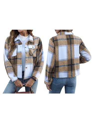 HWOKEFEIYU Fall Flannels for Women Cropped Shacket Jacket Plaid Long Sleeve Button Down Shirt 2025 Coat Tops2