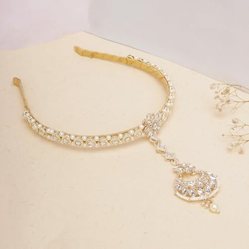 Image of Kundan Design Hairband With Attached Mang Tika Gold-Plated Celebrity Wedding Party Headband Hair Accessories Hairband Mathapatti Jewellery for Women and Girls