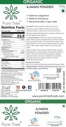 Image of Pure Tree Certified Organic Ajwain Powder | Carom Seed Powder | Ajavain | Omam Powder Gluten-Free | Vamu Seeds | Ajowan | Ayamodakam Seeds Rich In Antioxidants, 100 gram
