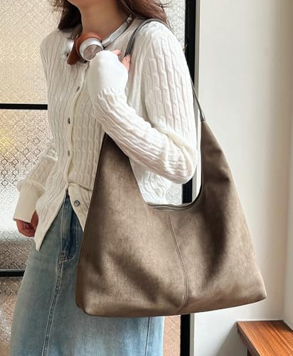 Suede Tote Bag for Women Shoulder Bag Retro Handbags Soft Satchel Stylish Large Two-piece Purse Work Travel3
