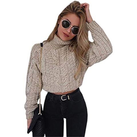 Women's Crop Sweaters, Sexy Cropped Chunky Knit Long Sleeve Pullover Turtleneck Jumper Tops with Twisted Pattern, Khaki, US S Cover