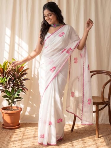 Image of AKHILAM Women's Shimmer Off White Chanderi Cotton Floral Hand Paint Embroidered Lace work Saree With Unstitched Blouse Piece | saree for woman | Designer Saree for Women | Soft and Skin Friendly