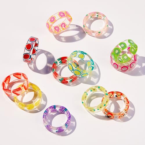 Anillos de resina de frutas de verano en pack de 16 piezas transparentes para mujer 5
