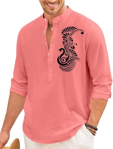 Image of FINIVO FASHION Men's Printed Cotton Blend Short Kurta with Artistic Chest Design | Stylish Full Sleeve Casual Kurta with Mandarin Collar for Daily, Travel Soft Textured