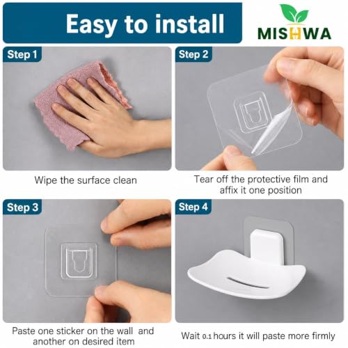 Image of Self-Adhesive Soap Holder for Bathroom (2 Pack (Black /White)) Wall Mounted No-Drill Soap Stand with Water Drainage | Strong Sticker Plastic Soap Dish for Wash..