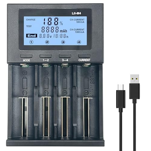 Socpuro Smart Universal Charger, 4 Bay Smart with LCD Digital Display for: 3.7V Lithium Battery 26650 22650 26500 18650 18490 17670 17500 17355 16340 14500 10440, 1.2v Ni-MH Battery AA AAA C SC