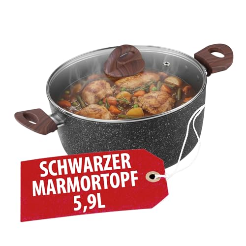 MAGIC HOME Aluguss Topf 28 cm INDUKTION | Marmor Antihaft | Großer Beschichteter Kochtopf mit Glasdeckel für Alle Herdarten, Induktionsherd | Ergonomischer Griff in Holzoptik | Black Marble Line