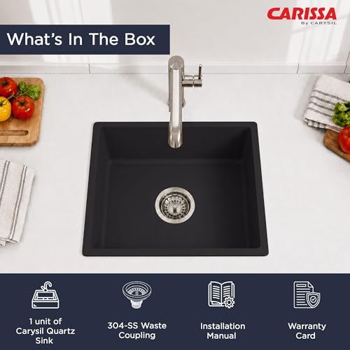 Image of Carissa By Carysil Titanium Max Quartz Kitchen Sink 21 x 18 x 8 inches, Single Bowl Granite Sink with 80% Quartz & 20% Resin, Heat Resistant 300C, 50kg Load Bearing, Stain Resistant - Z-Black
