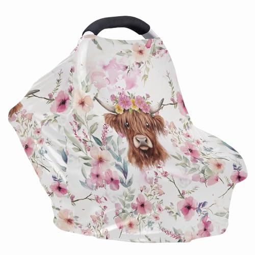 Image of Wanyint Highland Cow Floral Pink Baby Car Seat Covers Cute Carseat Canopy for Babies Boys Girls Multi-use Nursing Breastfeeding Covers Nursing Scarf