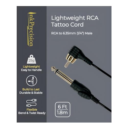 InkPrecision Lightweight RCA Tattoo Clip Cord - 90 Degree RCA to 6.35mm (1/4") Connector Cable for Professional Rotary Machine Gun, Cables for PMU Tattoo Pen Power Supply (6FT, 1Pack)