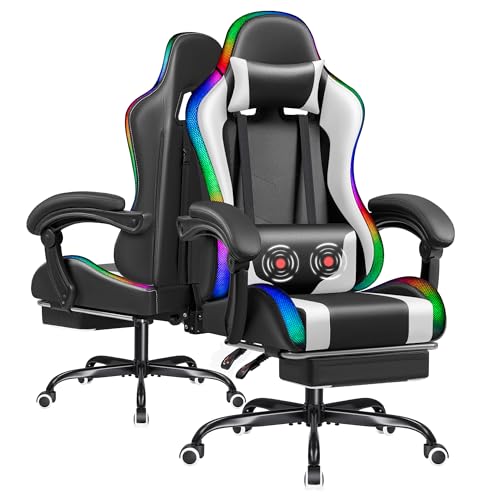 Furmax Gaming Chair with RGB LED Lights, Video Game Chair with Footrest and Massage Lumbar Support, High Back Reclining Computer Chair with Headrest, Swivel Seat Gamer Chair (LED White)