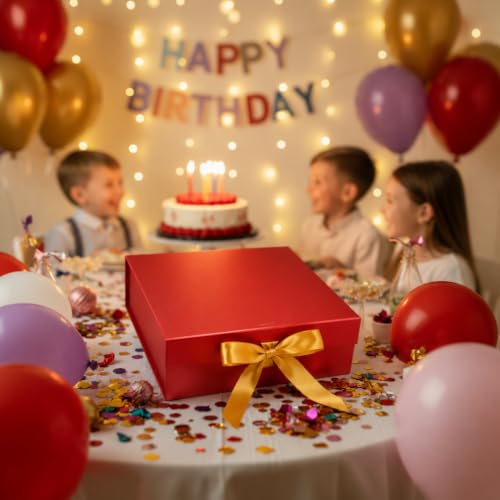 Image of Awestuffs Premium Gift Box Set with Ribbon Closure, Luxury Decorative Gift Packaging Boxes for Birthday, Wedding, Anniversary, Festival, Return Gifts, Corporate Gifting & Special Occasions (Red with Golden Ribbon (Set of 1), Extra Large)