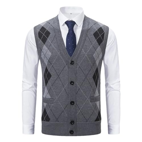 Men Sleeveless Sweater Vest Plaid Fleece Knit Tank Tops Business Casual Buttons Waistcoat
