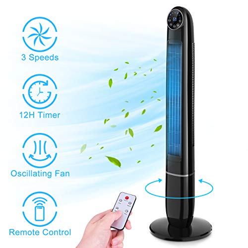 Tower Fan - 48 Inch Quiet Powerful Oscillating Fan, Bladeless Fan with Remote Control, 3 Mode, 3 Speed & 12H Timer, Whole-Room Air Circulator Standing Fan for Bedroom Living Room Home Office Use