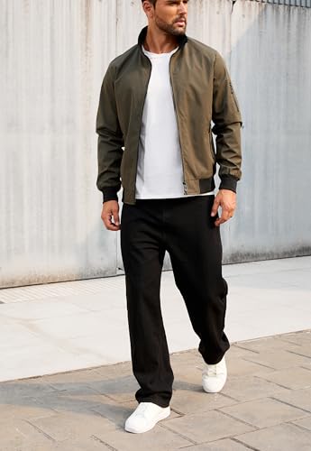 Image of QTE Army green Jacket for Men Fashion Windproof Bomber Jackets Coat Lightweight Casual Spring Fall Stand Collar Windbreaker Zip Up with Pocket