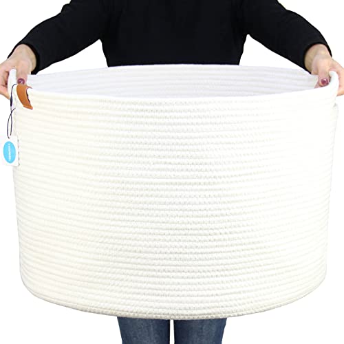 Image of Casaphoria XXXLarge Cotton Rope Basket for Living Room - Woven Storage Basket with Handle for Blankets, Towels and Pillows Laundry Hamper | cream white (21" x 21" x 13.8")