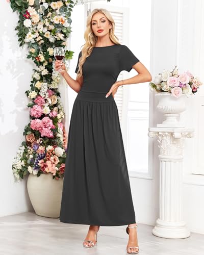 AUSELILY Women's Maxi Dress 2025 Summer Short Sleeve Crewneck Ruffled Flowy Swing Long Dresses,Casual Party or Evening Wear4