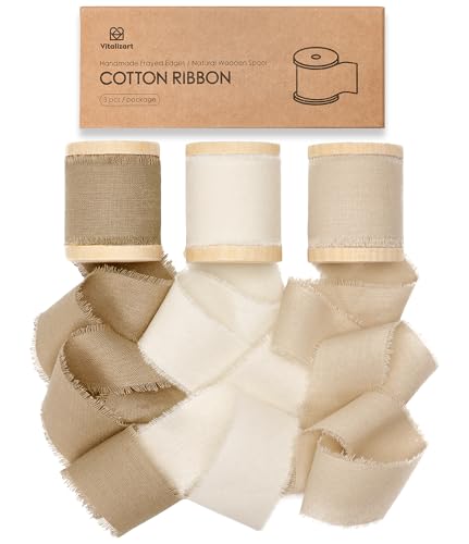 Vitalizart Ruban de Coton 3,8 cm x 13,7 m Kaki & Crème & Nude, Rubans à Franges Faits à la Main pour l'Emballage de Cadeaux, les Invitations de Mariage, les Bouquets,...