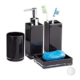 Relaxdays Badaccessoires Set 4-teilig, modern, Zahnputzbecher, Zahnbürstenhalter, Seifenspender, Seifenschale, schwarz