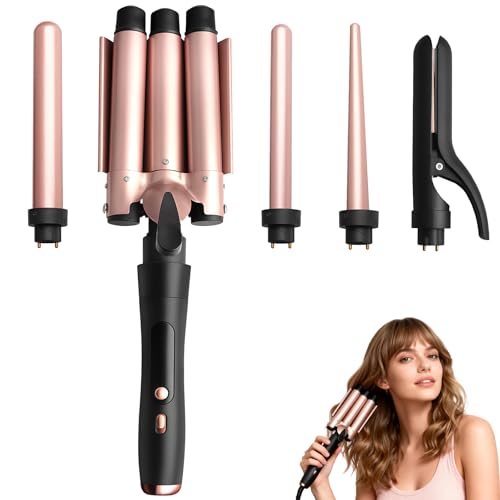 Ghekkli - Juego de planchas de ondas (5 en 1, incluye Crimper Waver y 4 barriles de cerámica para crear olas grandes, calentamiento rápido de pelo