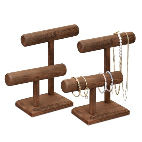 MOOCA 2 Pcs 2-Tier Space Saving Wooden Bracelet Holder Display, Jewelry Stand, Wood Bracelets Display, Jewelry Set, Free Assembly, Brown Color