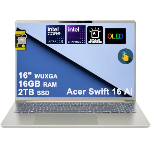 Image of Acer Swift 16 AI Laptop 16 inch WUXGA OLED Touch (100% DCI-P3) Intel 6-core Ultra 5 322 (Up to 46 Tops) 16GB DDR5 2TB SSD Backlit Thunderbolt for Creator Designer Business Professional Win11 ICP Hub