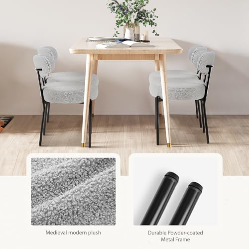 Sweetcrispy Dining Chairs Set of 2, Boucle Upholstered Modern Mid Century Round Kitchen Chairs with Curved Backrest & Metal Legs for Vanity, Living Room - Grey