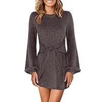 ANRABESS Vestido feminino outono 2025 manga lanterna longa malha canelada laço cintura leve coquetel curto suéter vestido curto, Marrom escuro, XGG