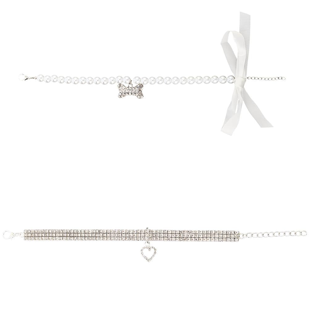 CREATCABIN 2 pz 2 Stili Collana per CaniStrass Bling Collana per Animali Domestici Regolabile Fiocco Bianco Perle Finte Fiocco Cani Osso Cuore Ciondolo Collari per Gatti Cucciolo Festa 28cm; 25.8cm