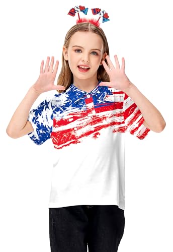 Image of AOBUTE Kids 4th of July Polo American Flag Short Sleeve Button Down Shirts Tops 3-14 Years